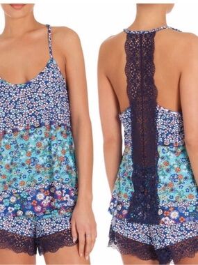 In Bloom By Jonquil Floral Lace-Back Cami & Short Set in Navy/Teal